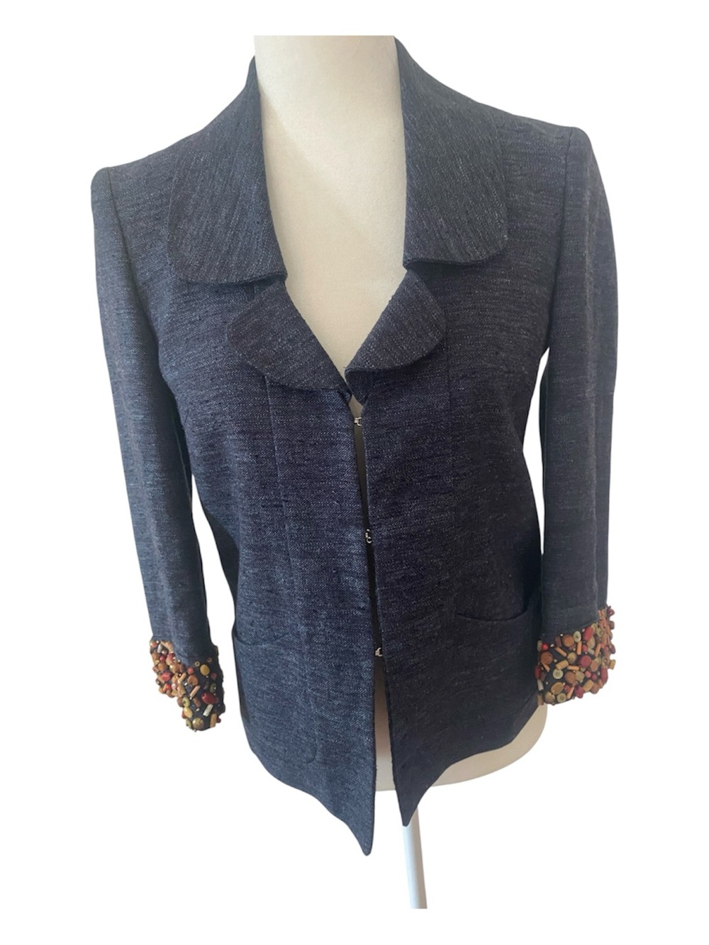 Luca Luca Blue Textured Blazer Beaded Embellished Cuffs Jacket Size S